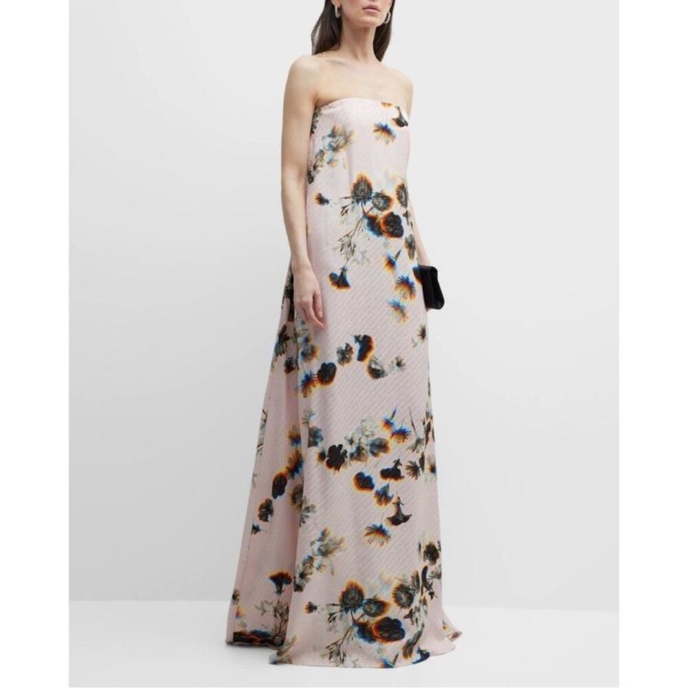 Brandon Maxwell Serena Strapless Blur Floral-Print Logo Jacquard Gown